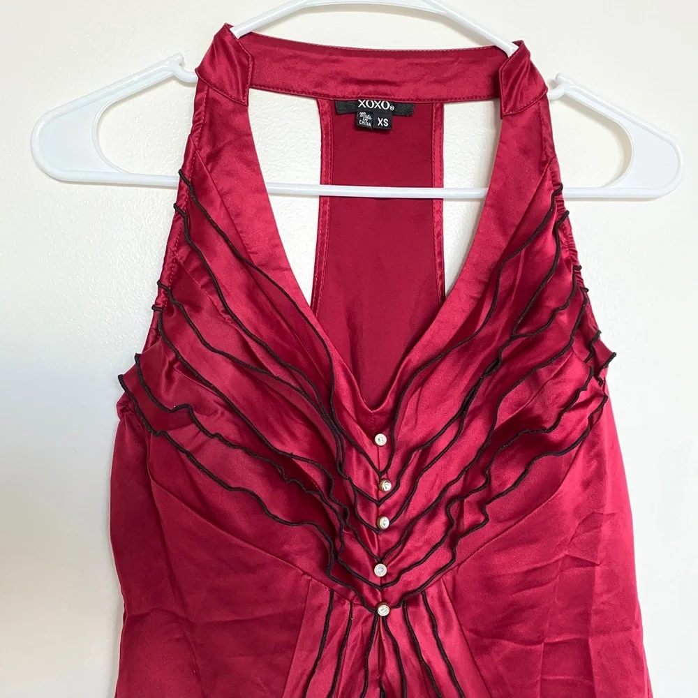 Satin Maroon Halter Ruffle Top - Picture 4 of 11